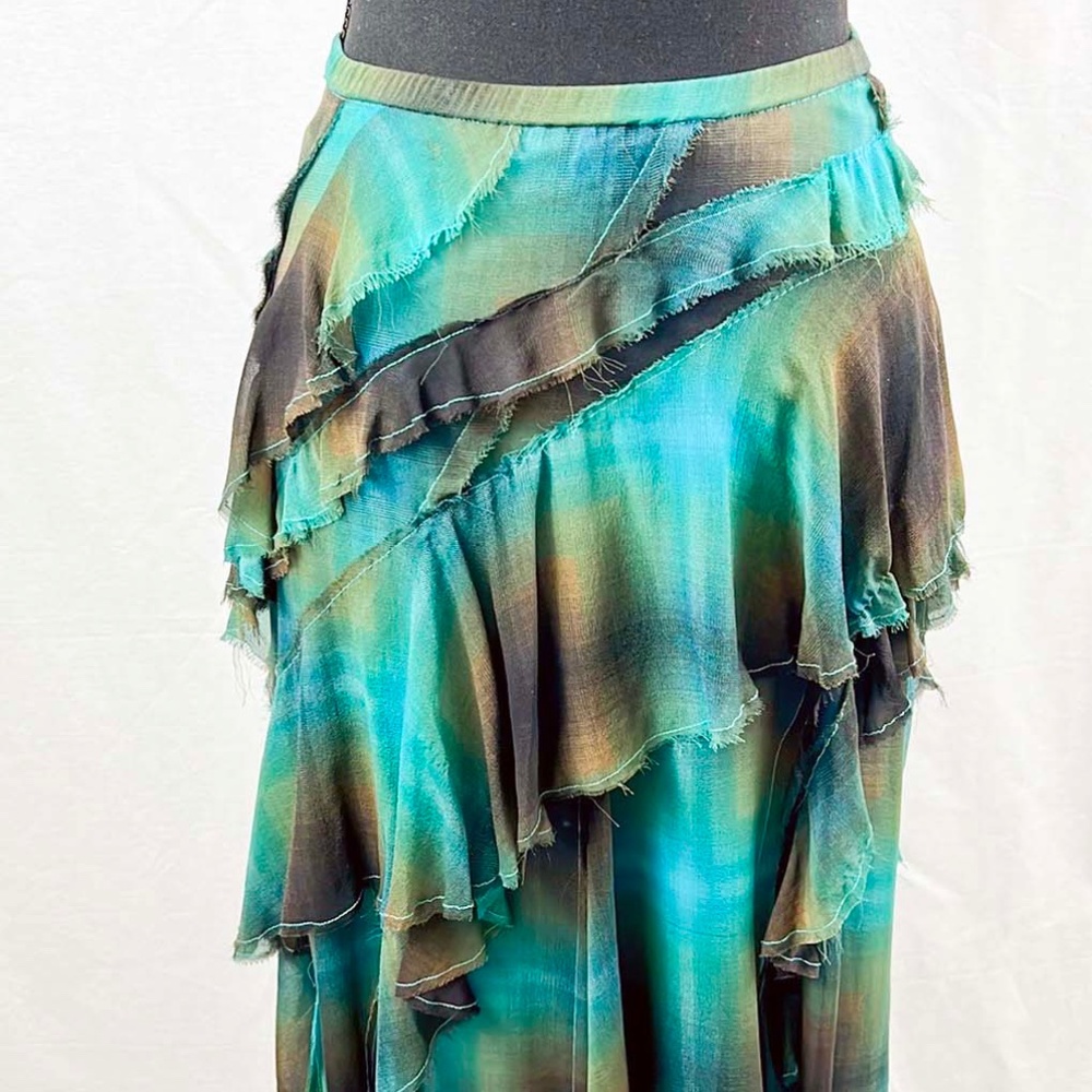 DKNY Silk Turquoise/Green/Brown Tiered Skirt